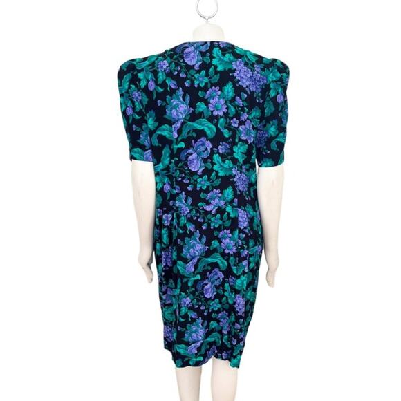 VTG 80s ADRIAN JORDAN Black Floral Button Front Sheath Dress SZ 14 - Picture 9 of 13